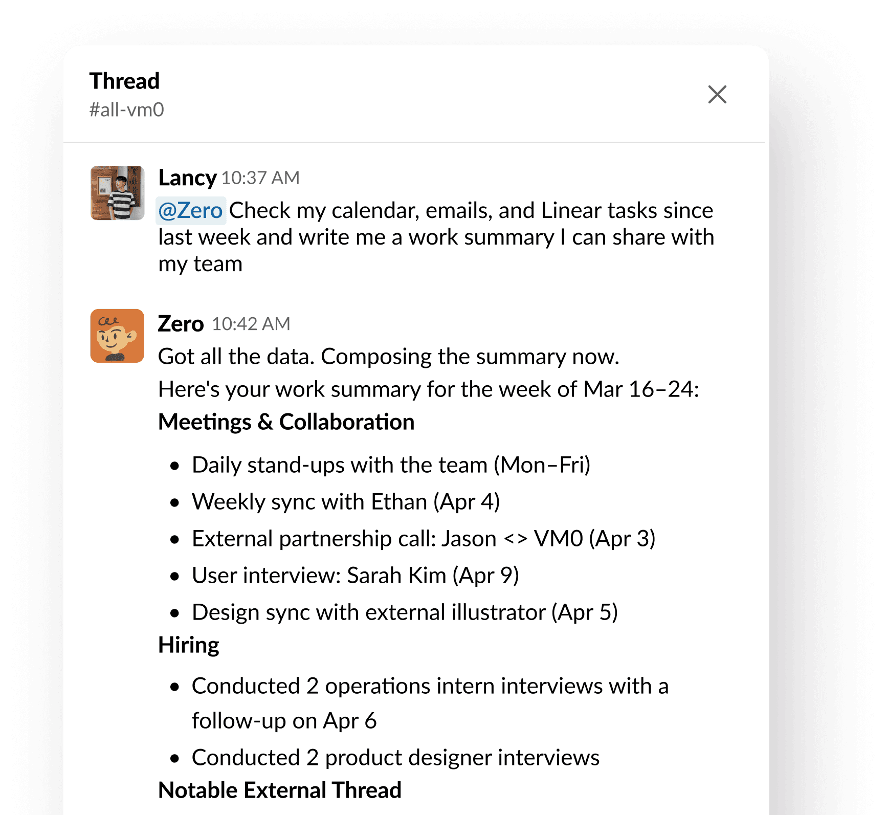 Slack thread showing Zero AI assistant